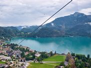 View from the cable car gondola of St. Giglen on Lake Wolfgang, with the Schafberg in the background.