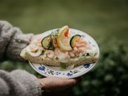 Hands holding a plate, bread with crayfish, lemon slice and cucumber slice