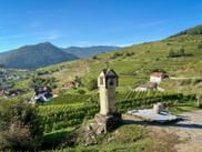 Steinernes Marterl mit Kreuz in den Weingärten von Spitz Wachau, mit Blick auf terrassierte Hänge, Dorfhäuser und Berge unter blauem Himmel.
