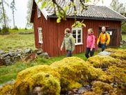 Drei Wanderer in der grünen Natur, braunes Holzhaus
