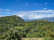 Grüne bewaldete Hügel mit Felsklippen bei Rocca di Manerba am Gardasee unter blauem Himmel mit weißen Wolken und Bergen in der Ferne.