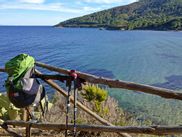Rucksack an Geländer mit Meer im Hintergrund auf Elba