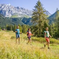 Drei Wanderer mit Rucksäcken gehen durch Almwiese im Wettersteingebirge. Felsige Gipfel und traditionelle Holzgebäude sichtbar.