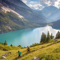 Hikers at the Oeschinensee mountain lake in the municipality of Kandersteg