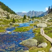 Wanderpfad über Holzbrettern, entlang eines Baches inmitten von Wiesen und Felsen, mit Bergpanorama im Hintergrund