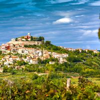 View of the town of Motovun, situated on a steep, isolated hill above the valley of the Mirna River
