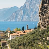 Torbole village with church tower nestled between dramatic cliffs and Lake Garda, surrounded by olive groves and cypress trees.