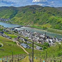 View from the vineyards to a Moselle lock and a picturesque village