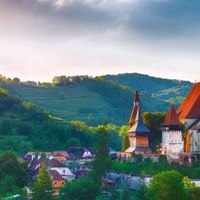 View of the medieval fortified church of Biertan in Transylvania
