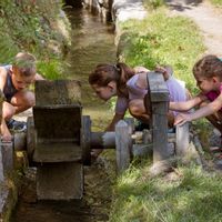 Three children playing with a water wheel on the Waalweg between Juval and Tschars