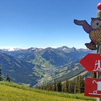 Hiking panorama with owl signpost on the family adventure trail near Saalbach-Hinterglemm