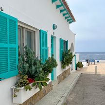 House facade with turquoise shutters