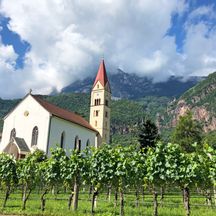 Südtiroler Kirche umgeben von Weinreben