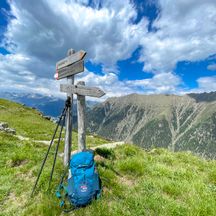 Blauer Rucksack, Wanderwegweiser, Blick auf Berge, grüne Wiese