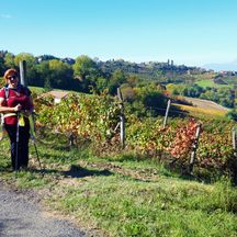 Frau Schreiner und Freundin vor den farbenfrohen Weinreben des Piemont