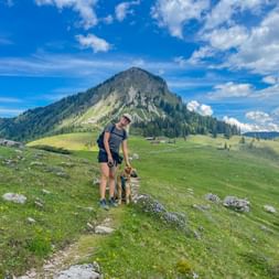 Frau wandert mit braunem Hund auf grüner Almwiese am Gennerhorn im Salzkammergut. Berggipfel und blauer Himmel mit Wolken im Hintergrund.