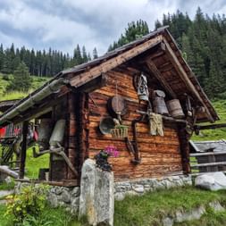 Holz-Almhütte mit traditionellen Milchkannen an der Fassade, eingebettet in grüne Wiesen mit bewaldeten Bergen in den Hohen Tauern.