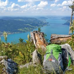Green and gray hiking backpack resting on rocks with wildflowers, overlooking turquoise Attersee-Mondsee lakes in Salzkammergut, Austria.