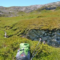 Alp with small stream and green backpack and hiking stick