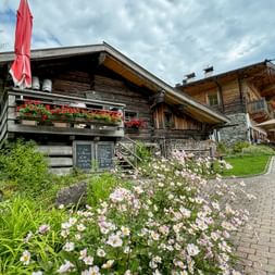 Traditional wooden alpine hut Lindlingalm with flower boxes and pink wildflowers in foreground. Stone path leads to terrace with guests.