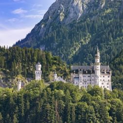 Schloss Neuschwanstein mit weißen Türmen inmitten dichter Wälder unterhalb eines felsigen Berggipfels unter blauem Himmel.