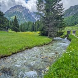 Klarer Bergbach fließt durch grüne Wiese mit Wanderweg daneben. Alpengipfel und Nadelwälder unter bewölktem Himmel im Oberntal.