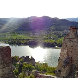 Ruin with the Danube and mountains in the background