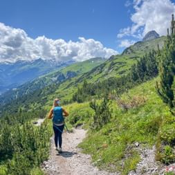 Hikers at the hiking trail with mountain panorama