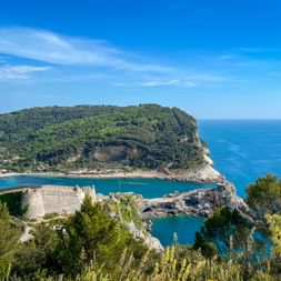 Aerial view of Porto Venere fortress on rocky peninsula with turquoise waters. Green forested island connected by causeway under blue sky.