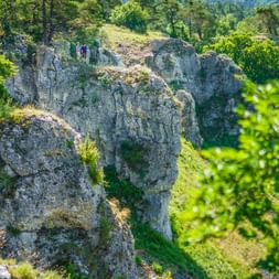 Two hikers on top of dramatic limestone rock formations at Zwölf Apostel in Altmühltal, surrounded by green trees and rolling hills.