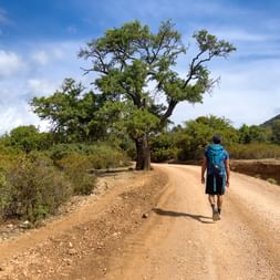 Hiker on a hiking trail in Sardinia