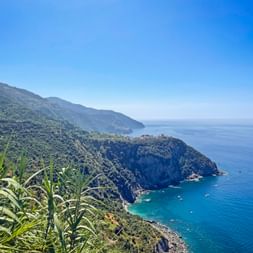 Panoramic view of Cinque Terre coastline with steep cliffs, terraced hillsides, and turquoise Mediterranean Sea under clear blue sky.