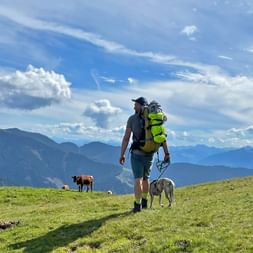 Hiker with dog on alpine meadow near Marbachhöhe