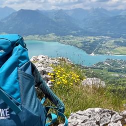 Wolfgangsee distant view backpack