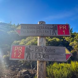 Wooden trail signs showing directions to Pico Ruivo (0.5 km) and Pico Areeiro (6.5 km) with hiker symbols and PR trail markers in Madeira.