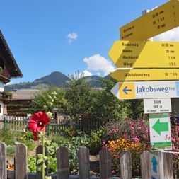 Yellow trail signs for Jakobsweg and hiking paths in Itter, Tyrol. Traditional Alpine houses and mountains visible in background with flower garden.