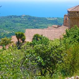 Eine Burg umegeben von grüner Natur in Cilento