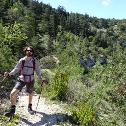 Employee Florian hiking with a view
