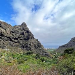 Rocky mountain peaks of the Teno Mountains in Tenerife with green vegetation in the foreground and a view of the coastal landscape below.