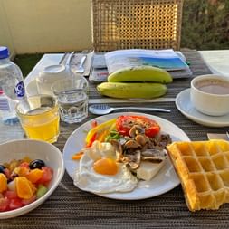 Frühstück mit Obstsalat und Waffel