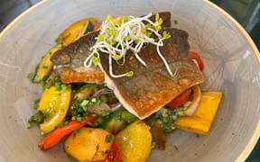 Pan-fried Altausseer Saibling fish fillet with crispy skin, topped with sprouts, served on colorful roasted vegetables and potatoes in a bowl.