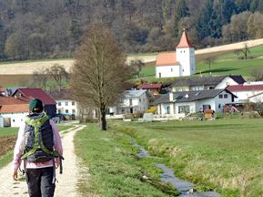 Wanderer unterwegs am Altmühltal Panoramaweg