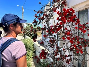 Wanderin in Tavira mit Blumen