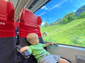Junge bei der Zugfahrt von Bad Goisern nach Bad Aussee während der Familienwanderreise im Salzkammergut