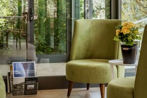 Moderne Hotellobby mit olivgrünen Samtsesseln, Holzbeinen und gelben Blumen. Große Glastüren zeigen Gartenblick im Hotel Catullo Malcesine.