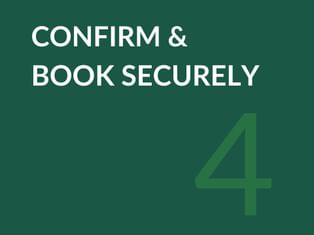 Dark green background with white text reading 'CONFIRM & BOOK SECURELY' and a large number 4 in the lower right corner.