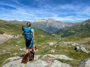 Hiker with dog and breathtaking view of the Schlügen Pass