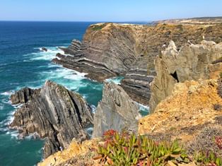 Dramatic layered rock formations jutting into turquoise ocean waters on Portugal's west coast, with succulent plants growing on sandy cliffs.