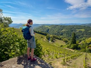 Female hiker with blue backpack standing on rock near Benevello, overlooking rolling hills with vineyards in Piedmont under blue sky.