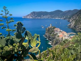 Vernazza village in Cinque Terre on rocky peninsula with colorful houses and tower, framed by agave plants. Blue Mediterranean Sea and mountains visible.